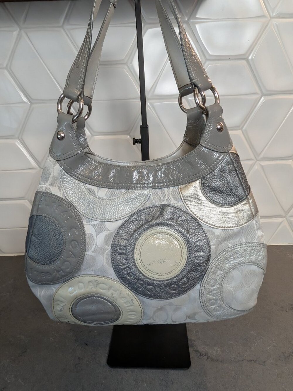 COACH Circle Mosaic Patchwork Madison Handbag Patent Leather Tote Greys